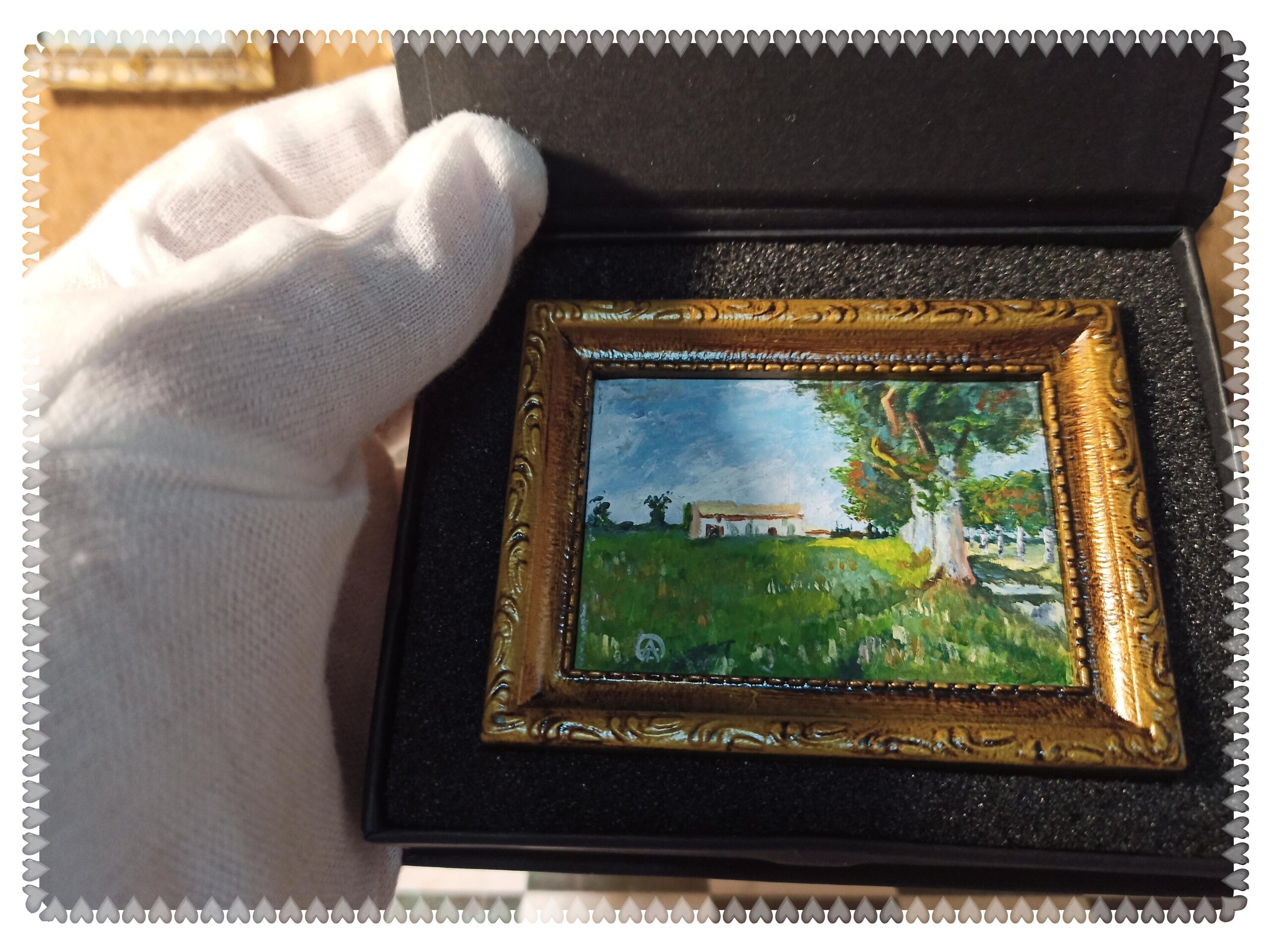 Pintura original al óleo 4,3 x 6 cm. Van Gogh "Casa en campo de trigo" - 3