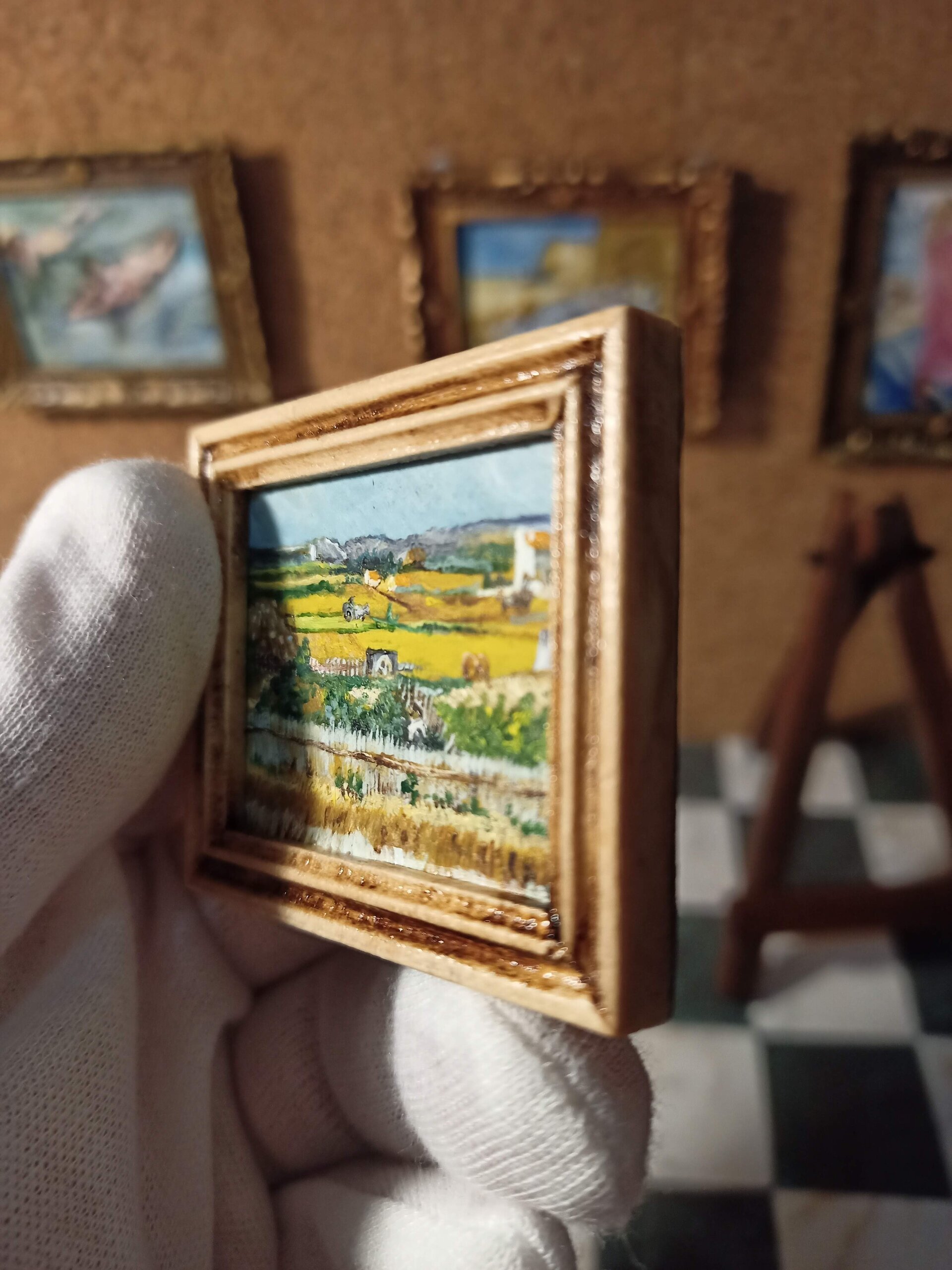 Pintura original al óleo pintada a mano 4,3 cm x 3,5 cm. "La cosecha" Van Gogh - 3