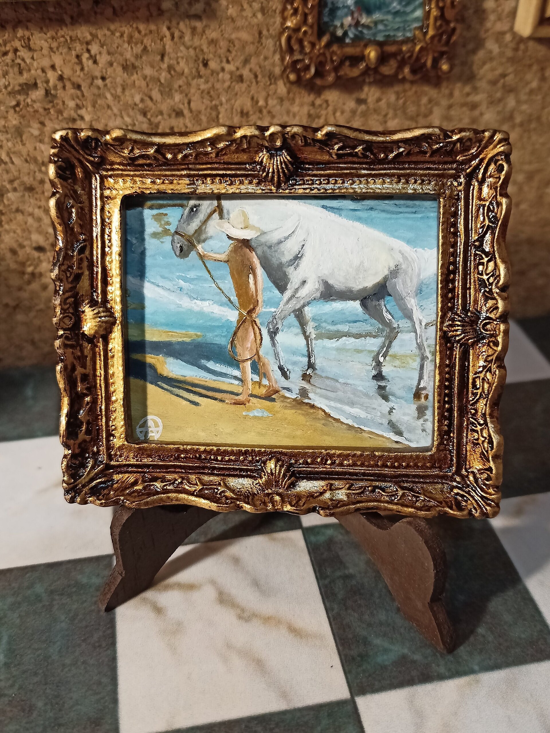 Pintura original al óleo 4cm x 5 cm. "El baño del caballo" Sorolla - 3