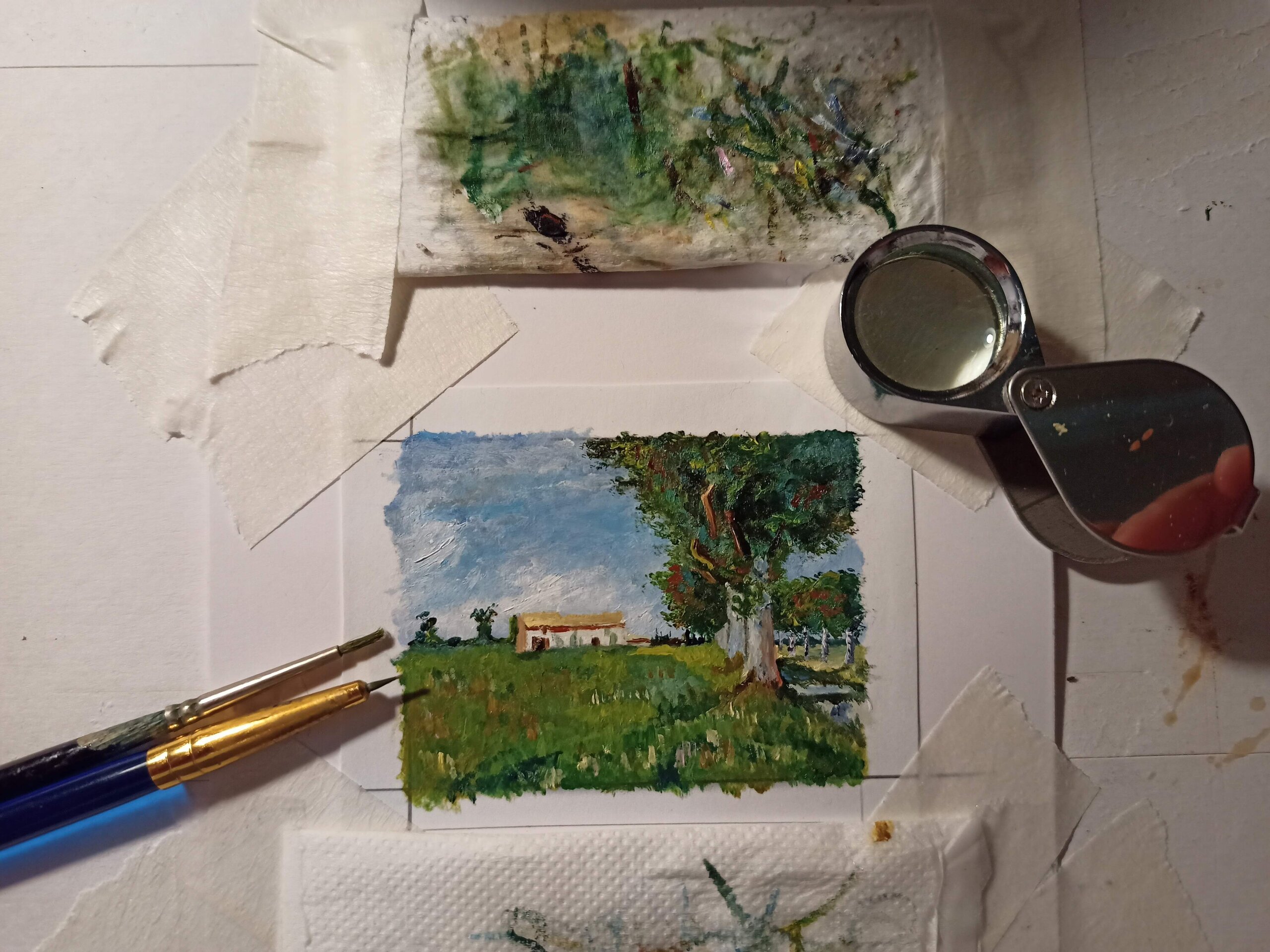 Pintura original al óleo 4,3 x 6 cm. Van Gogh "Casa en campo de trigo" - 4